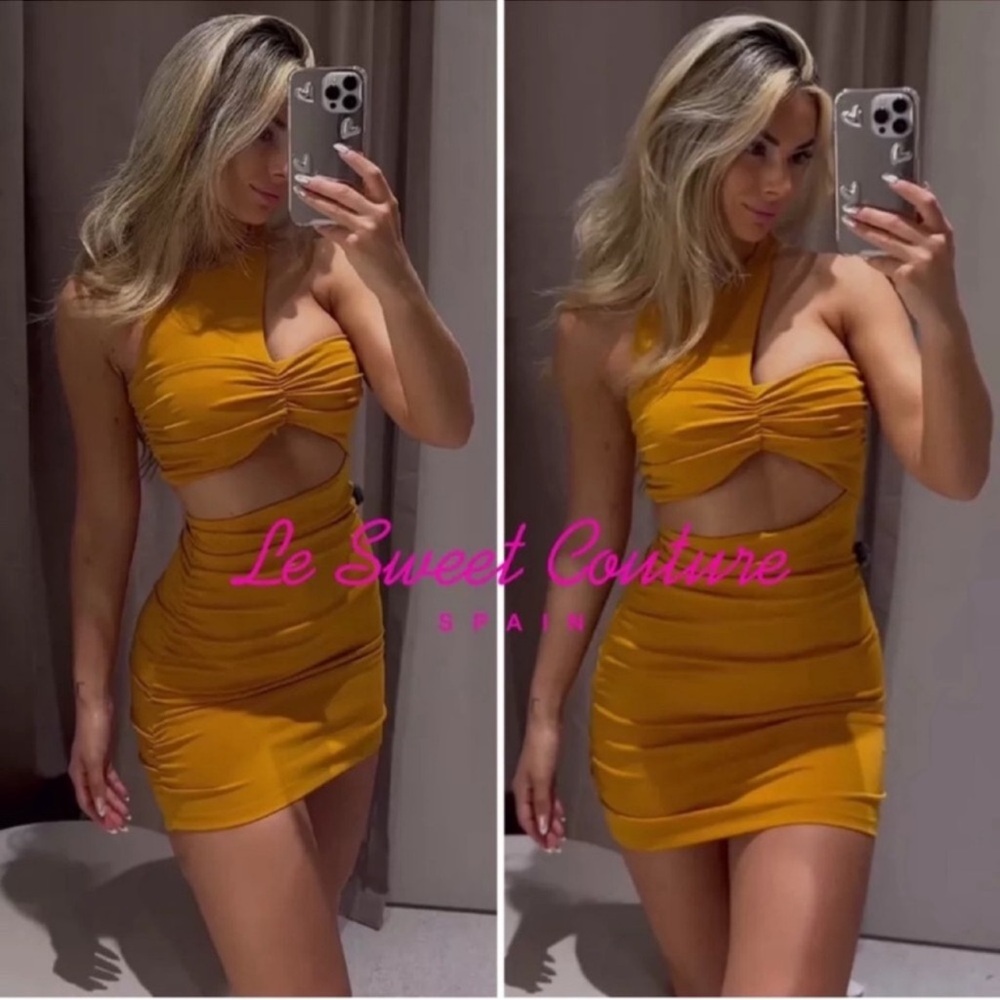 New Zara Woman Fitted Cut Out One Shoulder Mini Dress in Mustard Size Small